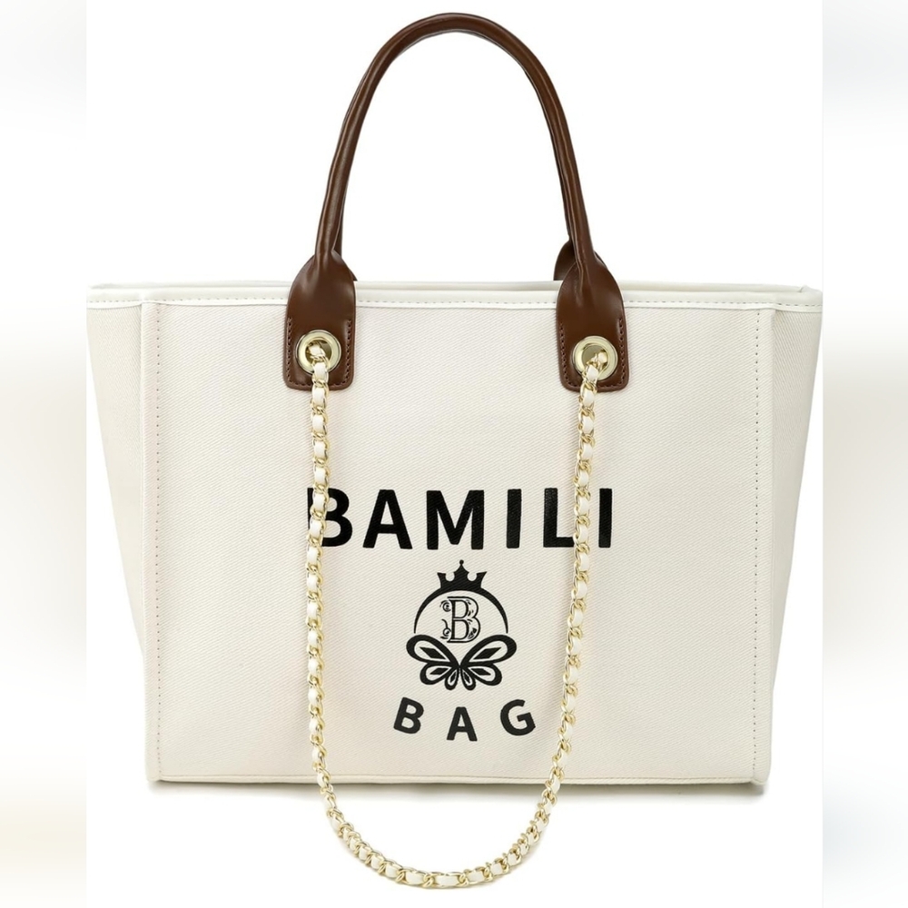 Bamili Cream Tote Bag with Brown Handles